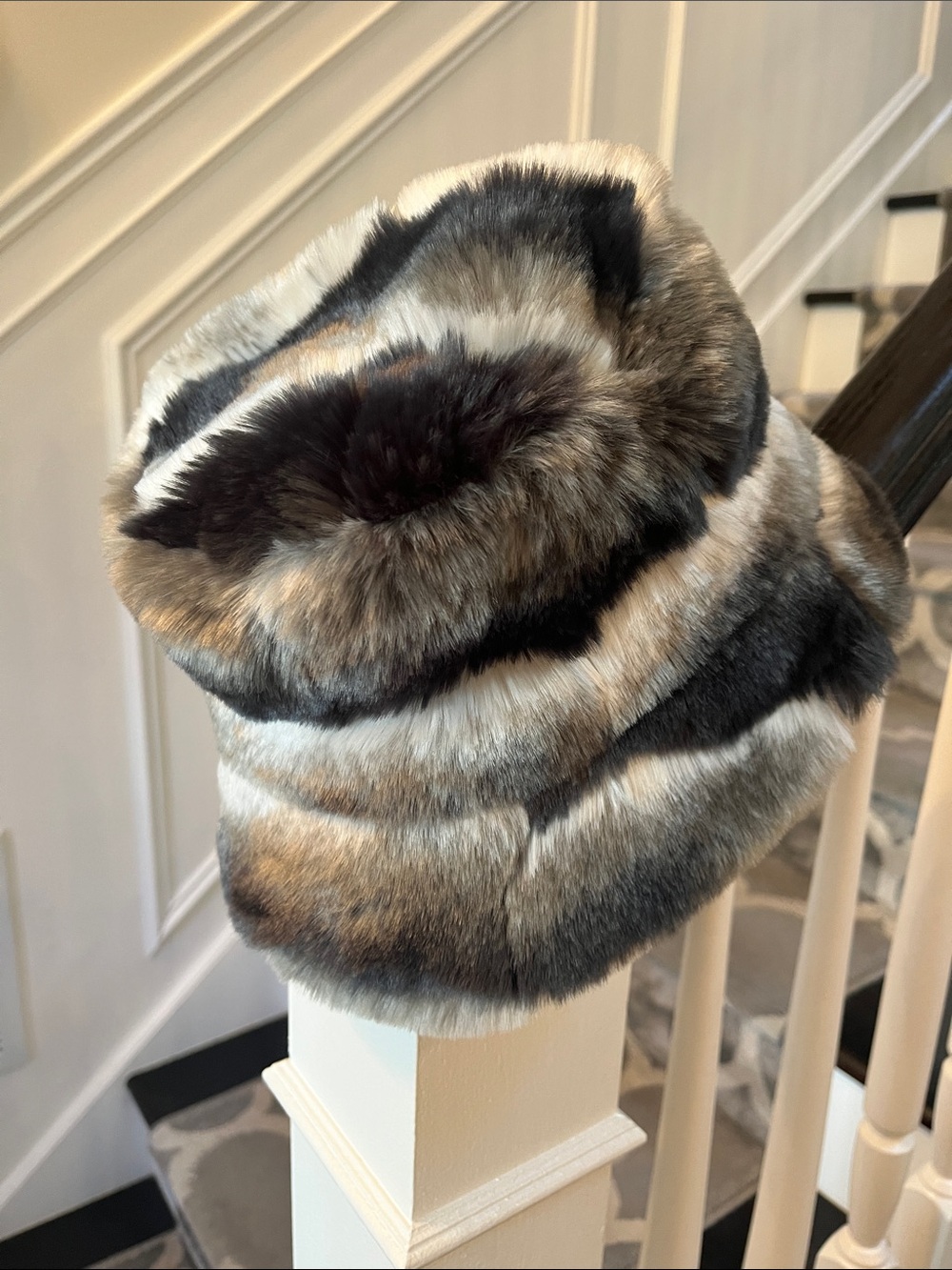 Nine West Faux Fur Striped Bucket Hat in Black, Brown & Cream